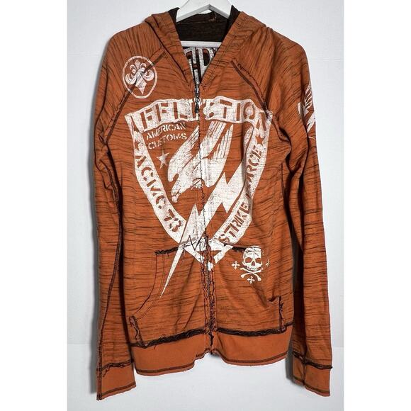 Affliction Men’s Large Reversible Zip Up Hoodie Burnt Orange Strike Force Flag - Picture 1 of 6